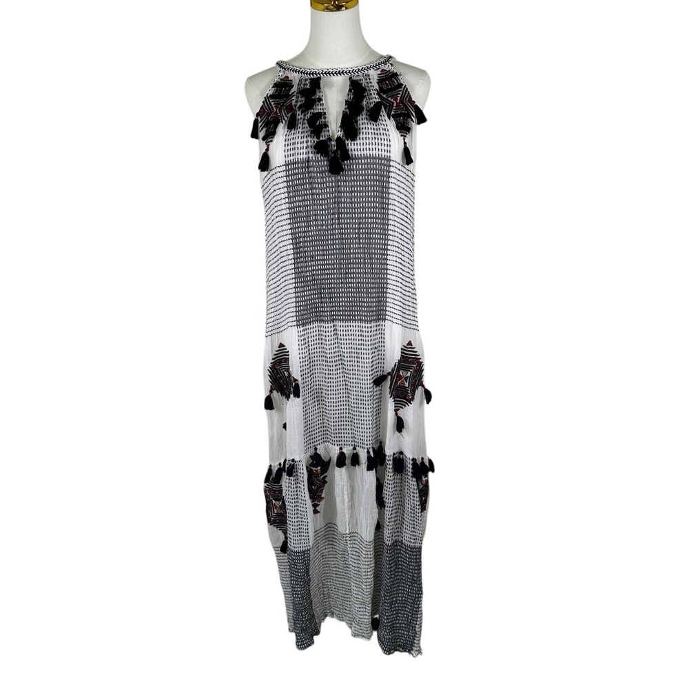 Maeve Maxi Dress Womens XL White Black Puebla Tassel Boho Embroidered Costal